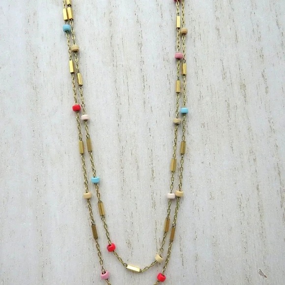 Madewell Gold Tone Double Strand Necklace Colorful Beads Layered M Logo - Picture 2 of 6